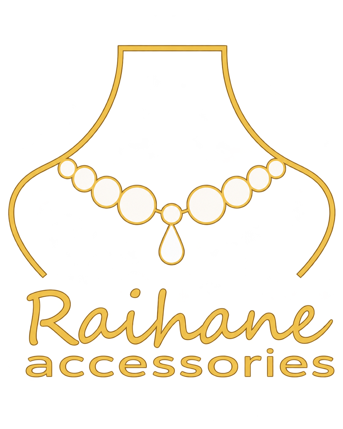 Logo Raihane Accessories, collier doré et perles sur fond bordeaux